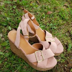 Anthropologie Lien Do Womens Suede Cork Platform Wedge Sandals Size 6 Pink